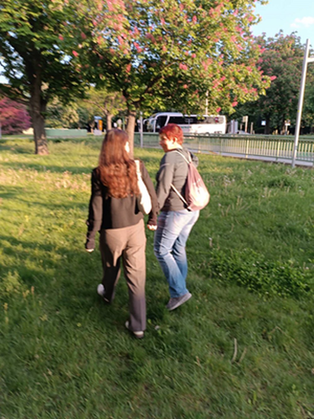 Walk & Talk Coaching im Grünen: zwei Menschen im Gespräch auf einem Parkweg